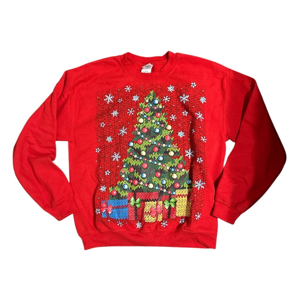 Gildan Red Crewneck Christmas Tree “Ugly Sweater”, Size: Medium
